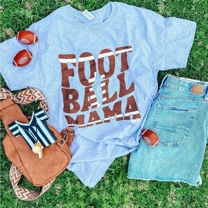 Football Mama Graphic Tee - Light Heather Gray with Brown Print